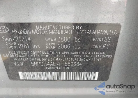 2015 Hyundai Elantra Se from USA, damaged, VIN 5NPDH4AE7FH589684